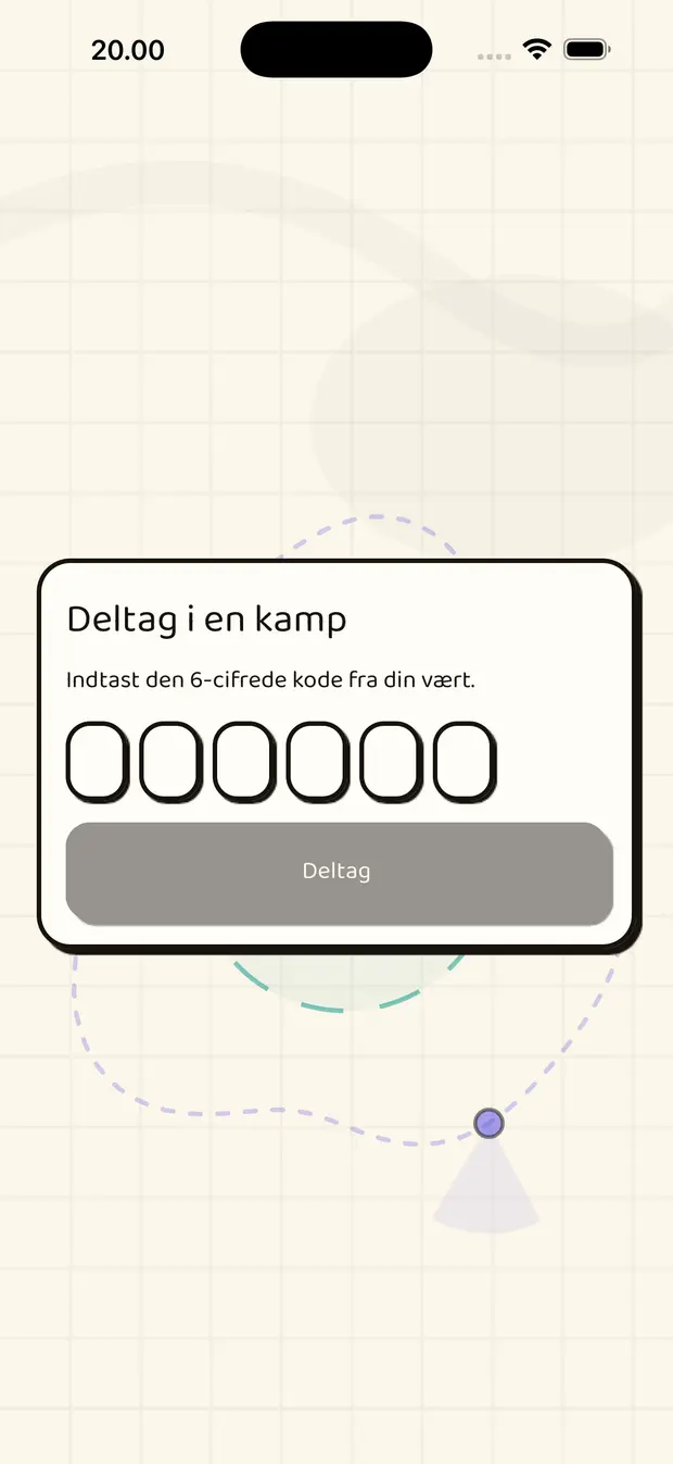 Skærmen "Deltag i en kamp" med seks felter til den 6-cifrede kode og en "Deltag"-knap