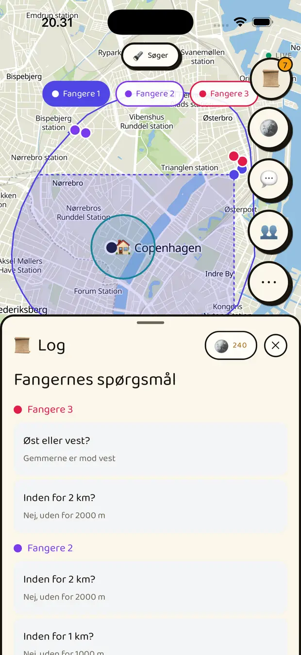 Log-arket "Fangernes spørgsmål" med hvert fangerholds stillede spørgsmål og gemmerens svar, grupperet efter hold